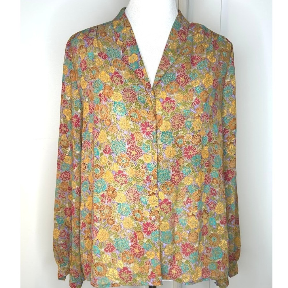 Vintage‎ Isabelle Creation Floral Metallic Gold Thread Button Front Blouse Top L